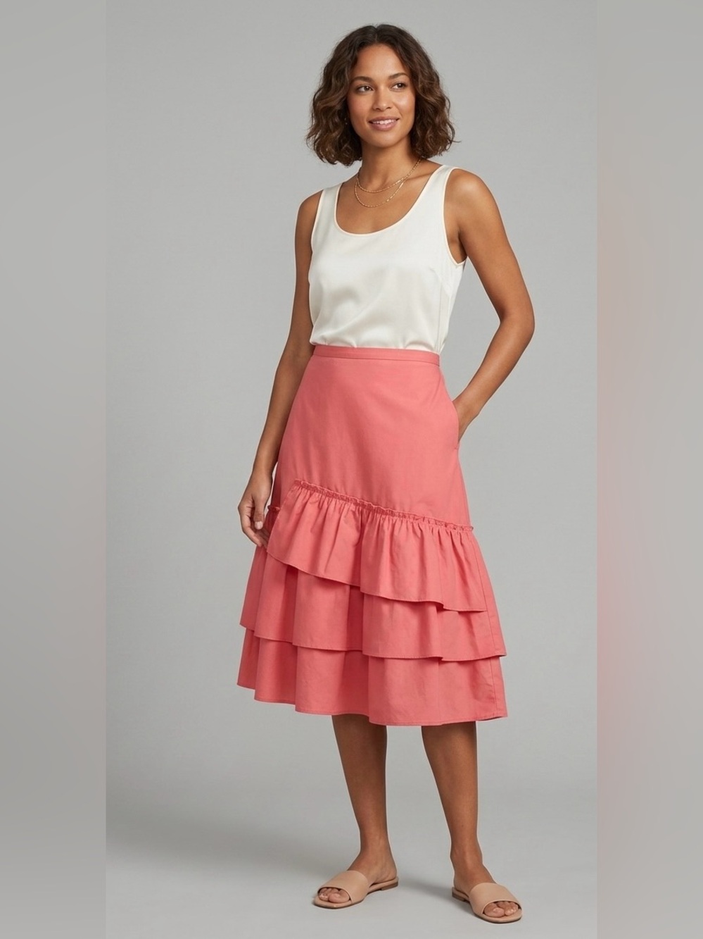 Club Monaco Coral Pink Tiered Ruffle Midi A-Line Skirt